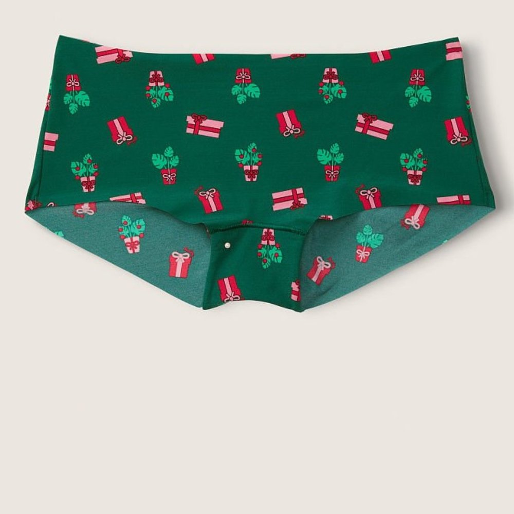 🎄VS PINK No-Show Shortie Green with Presents Gifts Plants Christmas Holiday NWT